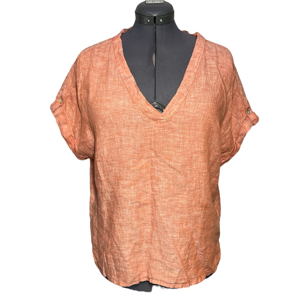Isaac Mizrahi Linen Lightweight Orange V-Neck Women's Top Size Large L S/S Shirt